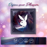 A packet of Playboy Condoms - Spin-On Double Spiral, featuring the Playboy bunny logo, is centered on a colorful background. Above, "Define your Pleasure" highlights this premium lubricated 54mm latex condom with 3 layers.