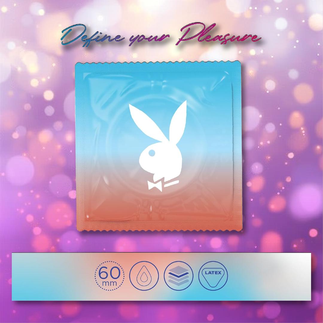 A condom wrapper with the Playboy bunny logo sits on a pink-purple bokeh background. Text above reads "Define your Pleasure." Icons show 60mm width, lubrication, layered, and latex—featuring Playboy Condoms - Ultra Light XL Extra Large.
