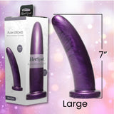 A purple, 7-inch luxury silicone dildo from Fleshlight stands upright next to its packaging, labeled "Fleshlight HerSpot Plum Orchid Dildo" with floral designs and the word "Large" visible on both the box and product.
