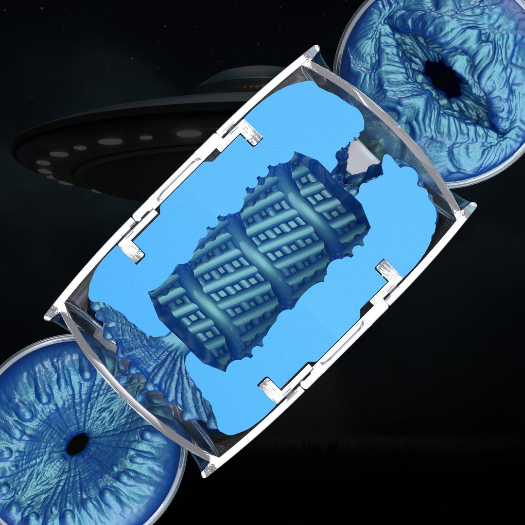 A metallic UFO hovers in a dark sky behind a floating blue geometric object, its form mirroring the dual-entry design of the Fleshlight Quickshot Alien Blue Male Masturbator: Mouth & Butt by Fleshlight, with swirling blue patterns on either side.