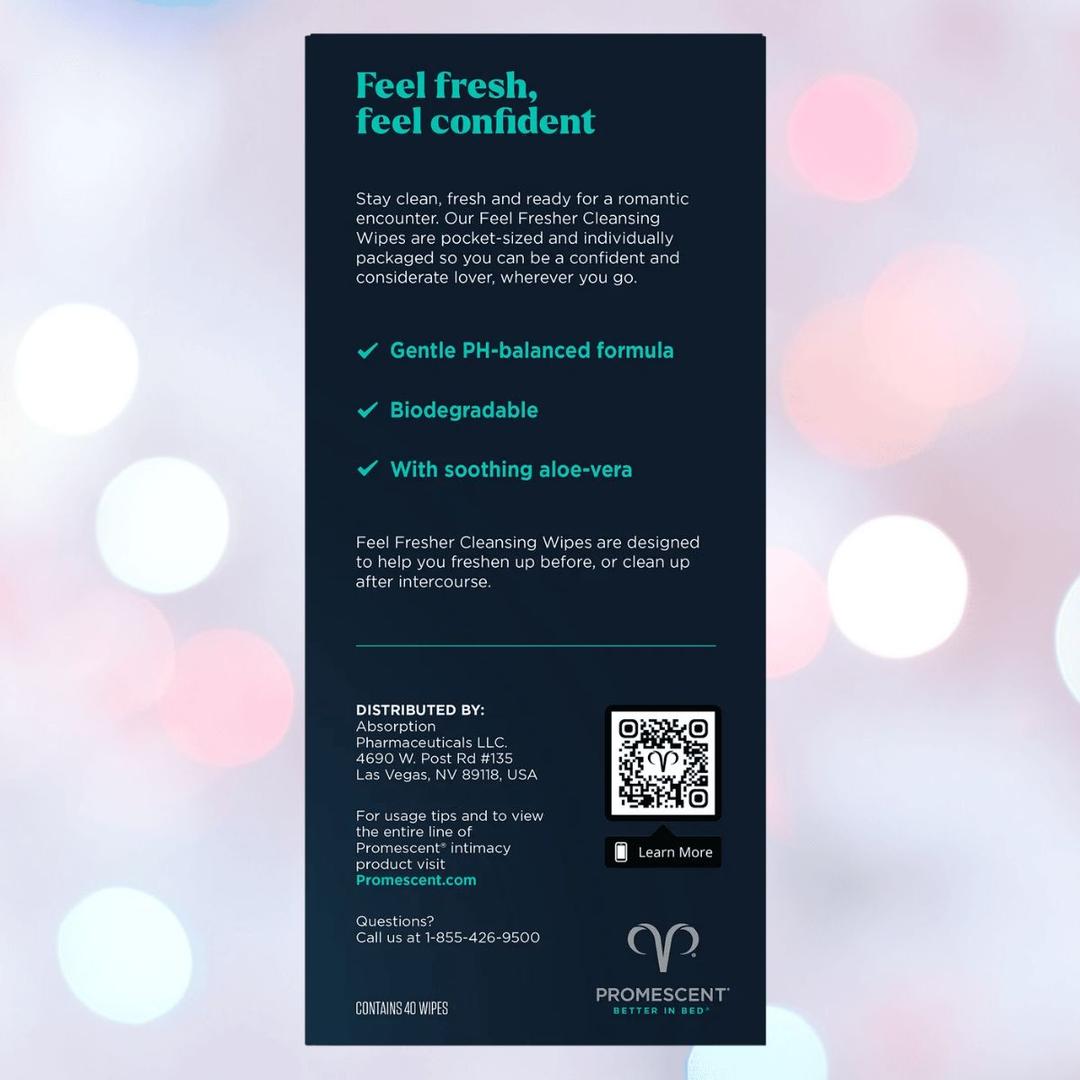 The Promescent Before and After Wipes (40 Count) info card features gentle, pH-balanced, biodegradable wipes with aloe vera, brand contact details, QR code, and a blue-pink abstract background—ideal for intimate freshness.