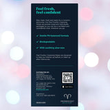 The Promescent Before and After Wipes (40 Count) info card features gentle, pH-balanced, biodegradable wipes with aloe vera, brand contact details, QR code, and a blue-pink abstract background—ideal for intimate freshness.