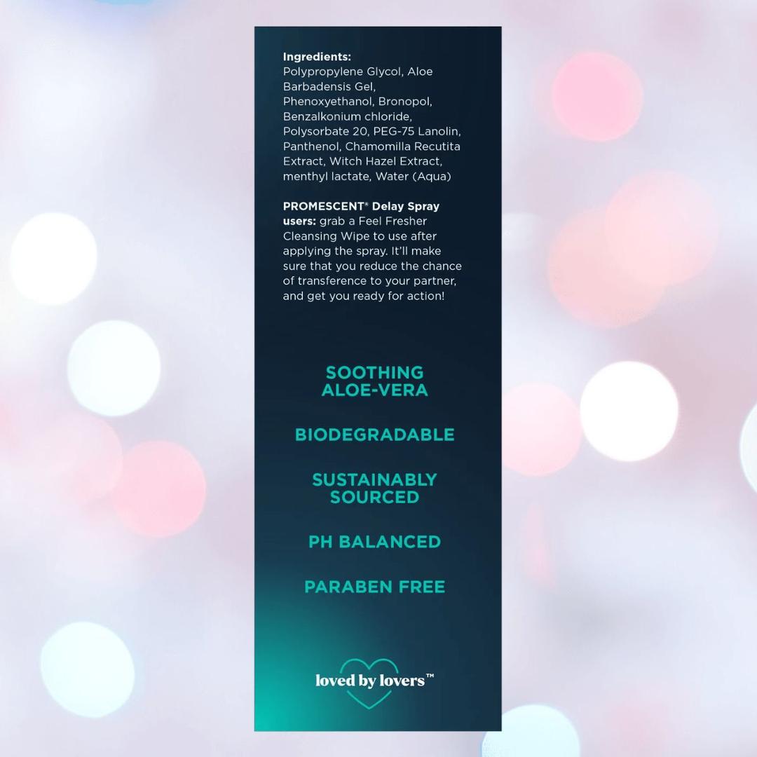 A product info panel for Promescent Before and After Wipes (40 Count): ingredients on top, usage in the center, and benefits—aloe vera, biodegradable, sustainably sourced, pH balanced, paraben free—on a soft pink and blue background.