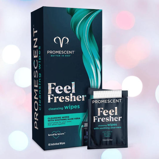 A box and sachet of Promescent Before and After Wipes (40 Count) by Promescent with soothing aloe vera are shown against a soft background. These biodegradable wipes come in teal, black, and white packaging with front-facing product details. 1080
