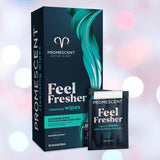 A box and sachet of Promescent Before and After Wipes (40 Count) by Promescent with soothing aloe vera are shown against a soft background. These biodegradable wipes come in teal, black, and white packaging with front-facing product details.
