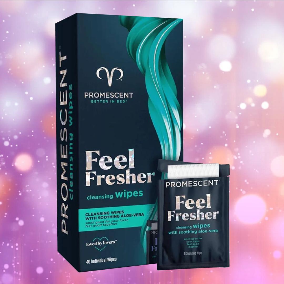 A box and a single packet of Promescent Before and After Wipes (40 Count) by Promescent, featuring soothing aloe vera. The teal and black packaging is set against a pink and purple bokeh background.