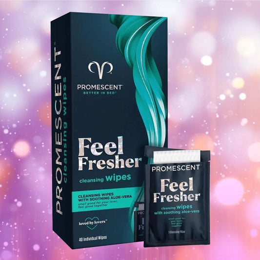 A box and a single packet of Promescent Before and After Wipes (40 Count) by Promescent, featuring soothing aloe vera. The teal and black packaging is set against a pink and purple bokeh background. 1080