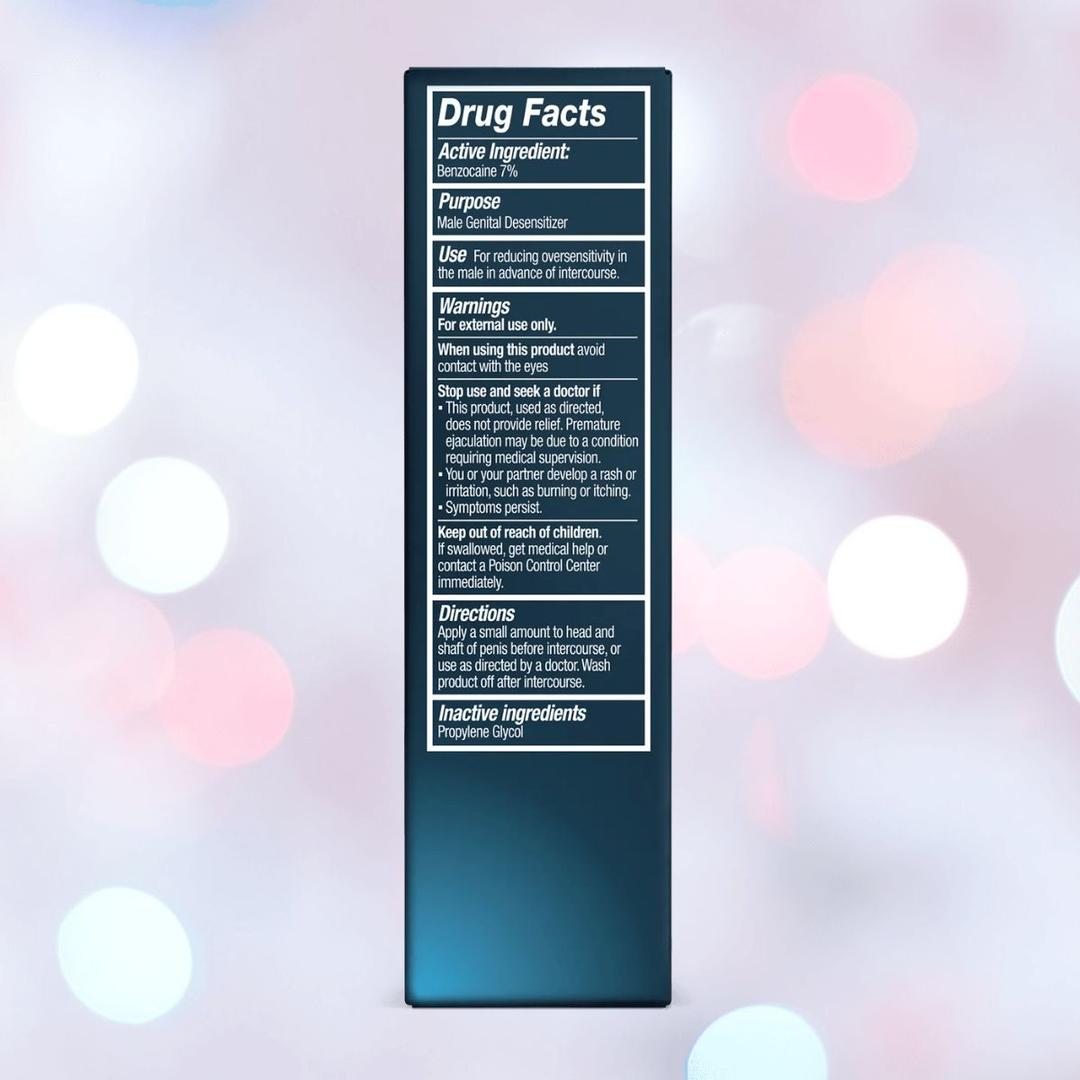 The Promescent Delay Wipes for Men box shows drug facts with active/inactive ingredients, purpose as a male genital desensitizer, usage and warnings, plus directions—all set against a blurred light bokeh background.