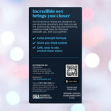 A box of Promescent Delay Wipes for Men is displayed against a blurred blue background, highlighting benefits like extra strength formula, more control, and safe, easy-to-use, pocket-sized benzocaine wipes from Promescent.