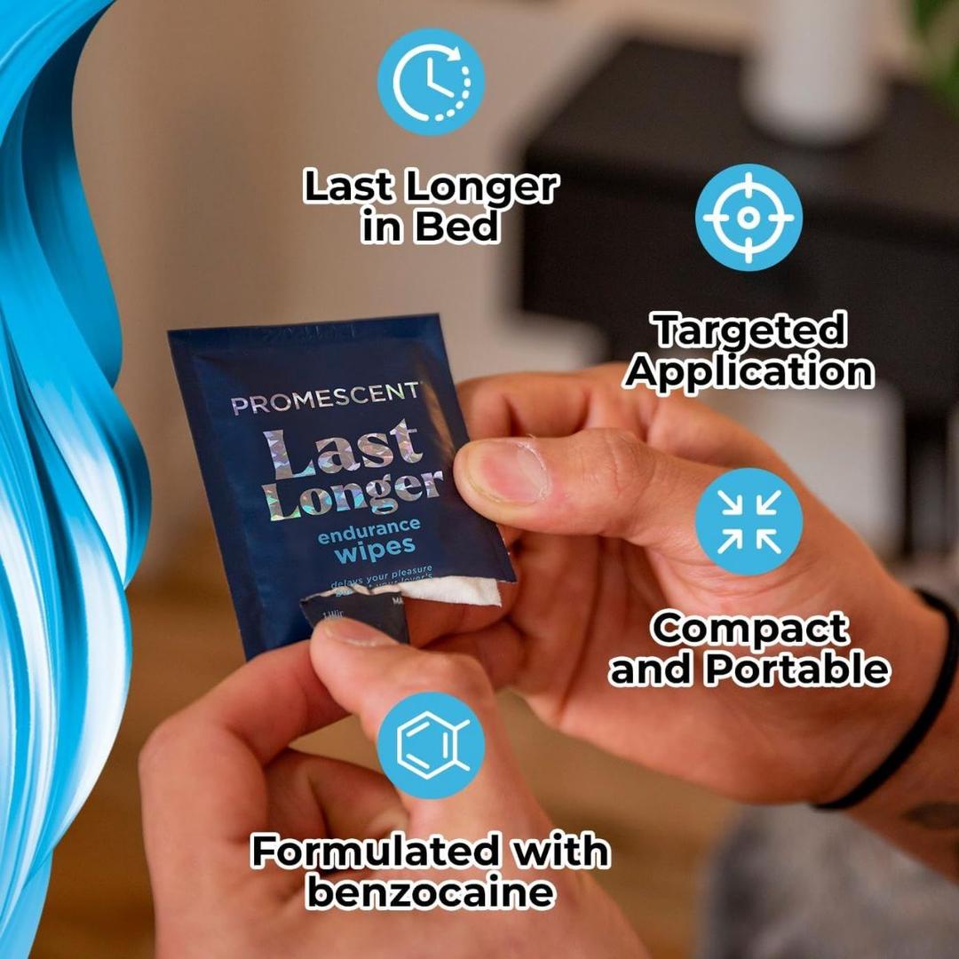 A person holds a Promescent Delay Wipes for Men packet. Text highlights: "Last Longer in Bed," "Targeted Application," "Compact and Portable," and "Formulated with benzocaine." Blue accents on left. Ideal for men seeking delay wipes. Brand: Promescent.