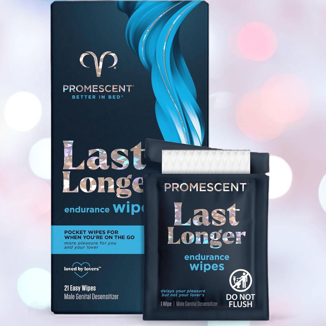 A box and packet of Promescent Delay Wipes for Men by Promescent are shown, both with a blue design and silver text. The packet advises "Do Not Flush.