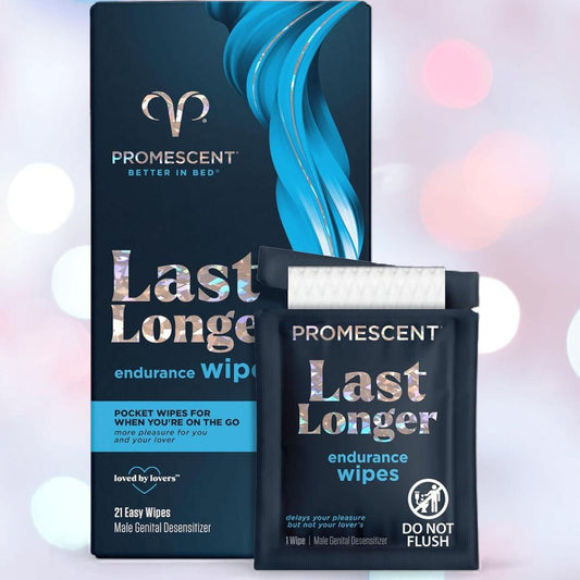 A box and packet of Promescent Delay Wipes for Men by Promescent are shown, both with a blue design and silver text. The packet advises "Do Not Flush. 1080