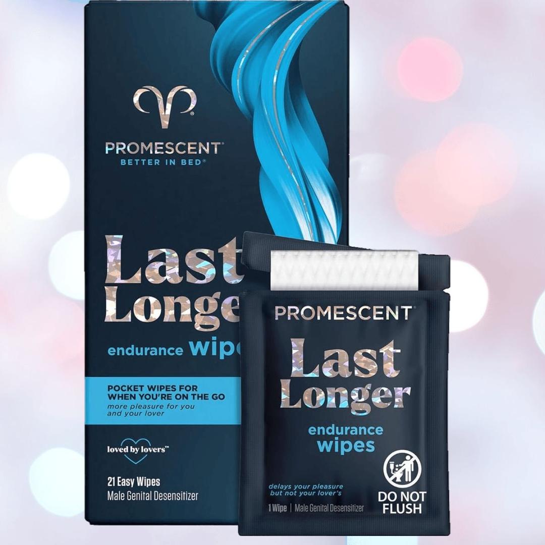 A box and single packet of Promescent Delay Wipes for Men by Promescent, in blue and silver packaging labeled "benzocaine wipes to last longer," with the note "Do Not Flush.