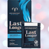 A box and single packet of Promescent Delay Wipes for Men by Promescent, in blue and silver packaging labeled "benzocaine wipes to last longer," with the note "Do Not Flush.