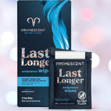 A box and packet of Promescent Delay Wipes for Men by Promescent are shown, both with a blue design and silver text. The packet advises "Do Not Flush.