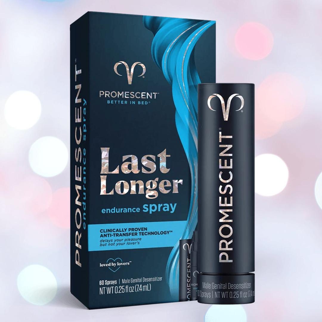 A box and bottle of Promescent Desensitizing Endurance Spray for Men are displayed upright, featuring blue and black packaging with white text, a swirling blue design in the background, and highlighting its advanced Anti-Transfer Technology.