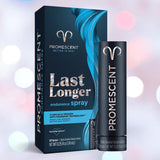 A box and bottle of Promescent Desensitizing Endurance Spray for Men are displayed upright, featuring blue and black packaging with white text, a swirling blue design in the background, and highlighting its advanced Anti-Transfer Technology.
