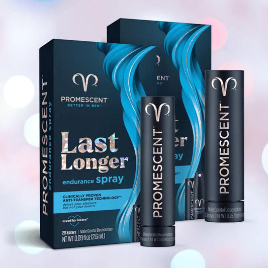 Promescent Desensitizing Endurance Spray for Men, shown with two bottles and branded packaging, features clinically proven Anti-Transfer technology to help men last longer and boost confidence. 1080