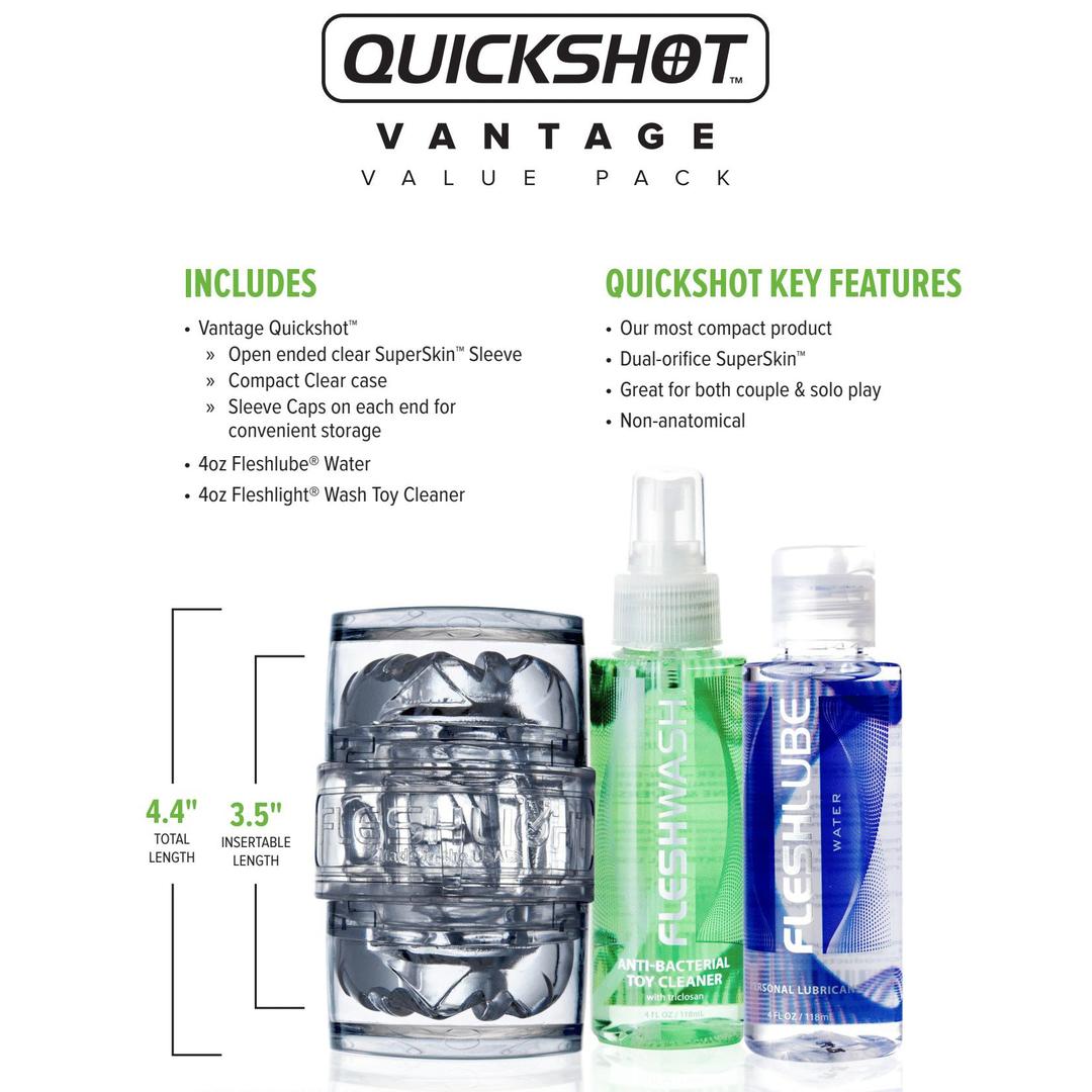 The image shows the Fleshlight Quickshot Vantage Value Pack by Fleshlight, featuring a transparent masturbation sleeve, water-based lube, and toy cleaner. Key features and dimensions appear next to the products.