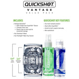 The image shows the Fleshlight Quickshot Vantage Value Pack by Fleshlight, featuring a transparent masturbation sleeve, water-based lube, and toy cleaner. Key features and dimensions appear next to the products.