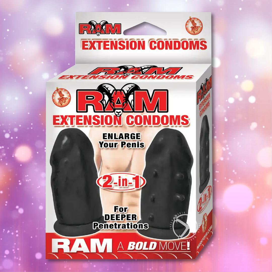 The Nasstoys Ram Extension Condoms - Penis Enhancer Sleeve in black includes two sleeves designed to enhance confidence, enlargement, and deeper penetration, all presented against a vibrant bokeh background.