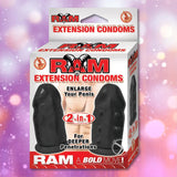 The Nasstoys Ram Extension Condoms - Penis Enhancer Sleeve in black includes two sleeves designed to enhance confidence, enlargement, and deeper penetration, all presented against a vibrant bokeh background.