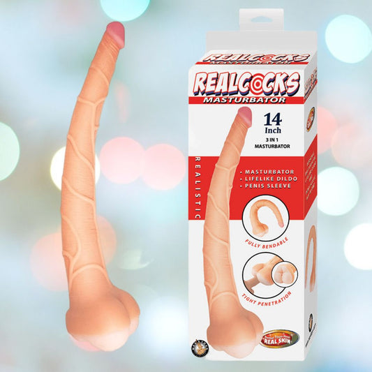 Introducing the RealCocks Penis Masturbator 14" 3-in-1 - Light by Nasstoys: a 14-inch cock made from ultra-soft TPE material. This incredibly realistic toy functions as a masturbator, dildo, and penis sleeve all in one. Enjoy full bendability and a tight penetration hole for an unparalleled realistic experience. 1080