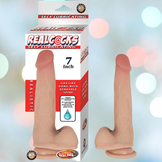 A Nasstoys "RealCocks" self-lubricating dildo, featuring a realistic feel and measuring 7 inches, is showcased with a blurred background. The packaging emphasizes its lifelike design and bendable spine feature. 1080