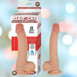 Packaging for Nasstoys' sex toy labeled "Realcocks Self-Lubricating Dong 8" Thin." The image shows the box and the product, which is a realistic, flesh-toned dildo with a suction base and a bendable spine. The background is blurred with soft, pastel-colored lights, adding to its Hollywood realism.