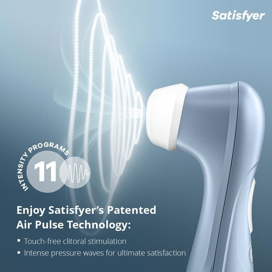 The Satisfyer Pro 2 Air Pulse Stimulator by Satisfyer, in blue, features whisper-quiet Air-Pulse Technology for touch-free clitoral stimulation. It offers 11 intensity settings and is elegantly displayed with white wave graphics to showcase the pressure wave effect.