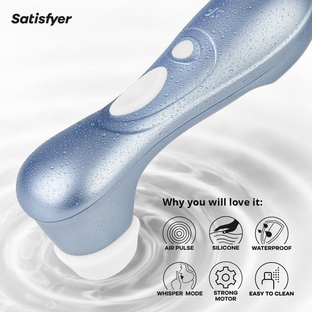 A close-up of the blue Satisfyer Pro 2 Air Pulse Clitoral Stimulator by Satisfyer with water droplets, hovering over water. Icons show air pulse tech, silicone material, waterproof design, whisper mode, powerful motor, and easy cleaning.
