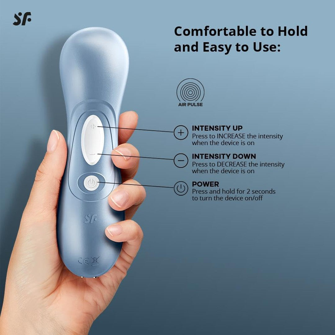 A hand holds the sleek blue Satisfyer Pro 2 Air Pulse Stimulator with a soft silicone head and three buttons for intensity and power. Text states, "Comfortable to Hold and Easy to Use," showcasing controls for adjusting intensity, activating the Air-Pulse Technology, and powering on/off.