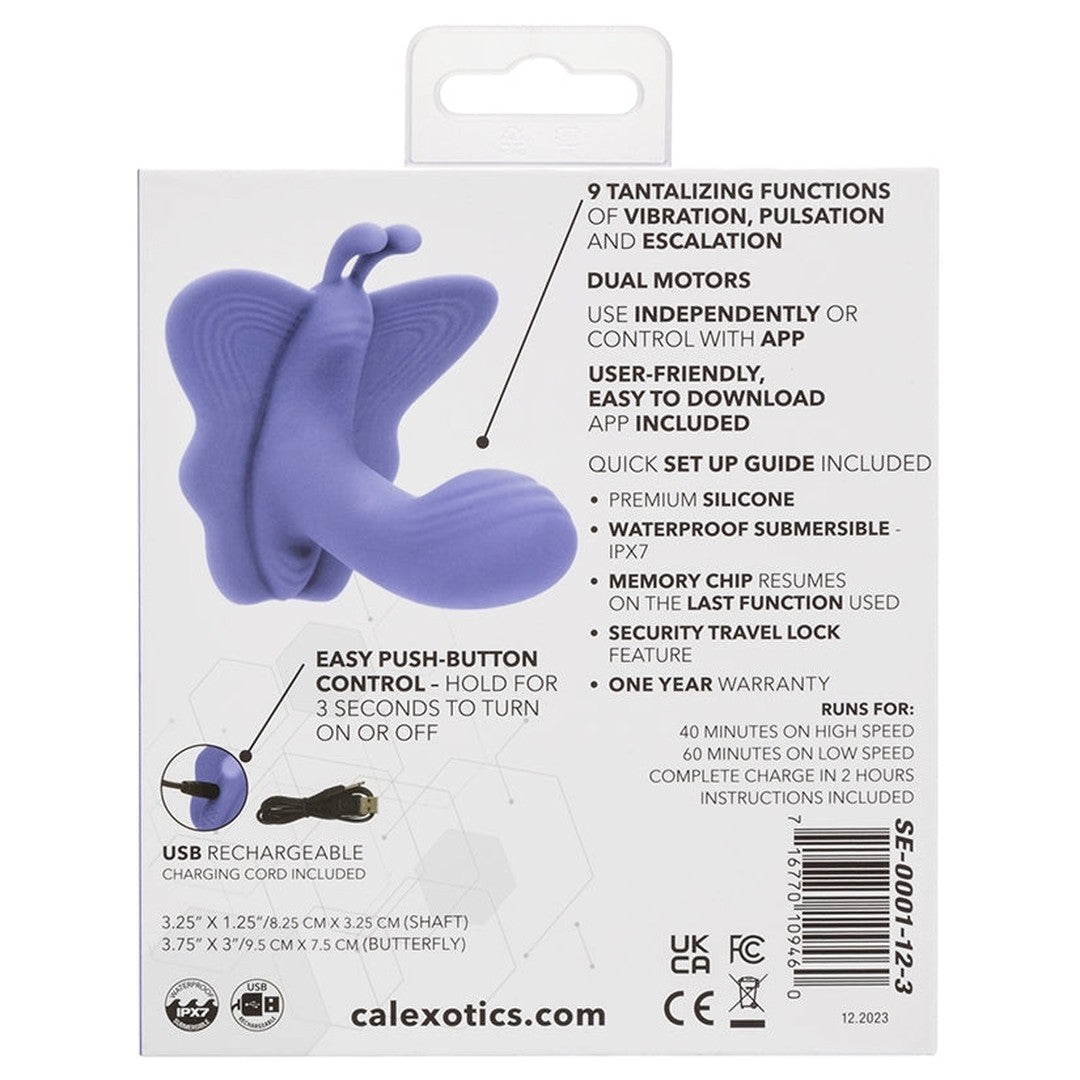 The image features the packaging of the CalExotics Connect Venus Butterfly App Remote Control Dual Stimulator, a purple butterfly-shaped adult toy from CalExotics. It emphasizes its dual motors for enhanced stimulation, app connectivity, and user-friendly controls with accompanying text that details its functions, materials, and charging method.