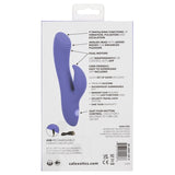 The image displays the back packaging of the CalExotics Connect Dual Stimulator, a purple dual motor vibrator and stimulator. It emphasizes features such as nine vibration patterns, an additional head for precision, a waterproof design, a memory chip for convenience, and USB rechargeability. The packaging also includes a QR code for downloading app control and accessing warranty information from CalExotics.