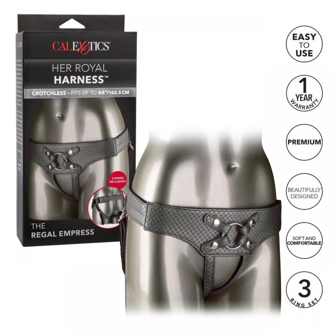 The image displays the "Her Royal Harness The Regal Empress Pewter" by CalExotics. This vegan leather harness accommodates sizes up to 64"/162.5 cm and comes with interchangeable rings. The packaging emphasizes its user-friendly design, premium quality, beautiful aesthetic, and soft comfort.