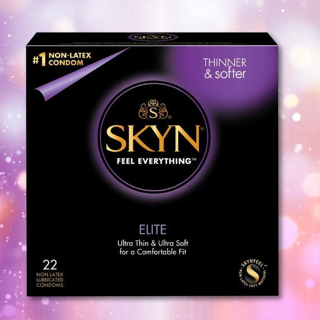 LifeStyles SKYN Elite Condoms (Latex-Free) feature 22 ultra-thin, soft-lubricated condoms for a comfortable fit. Labeled "Thinner & Softer" and "#1 Non-Latex Condom," they stand out against a blurred pastel background.
