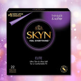 LifeStyles SKYN Elite Condoms (Latex-Free) feature 22 ultra-thin, soft-lubricated condoms for a comfortable fit. Labeled "Thinner & Softer" and "#1 Non-Latex Condom," they stand out against a blurred pastel background.