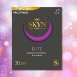 A 30-count value pack of LifeStyles SKYN Elite Condoms (Latex-Free), offering superior sensitivity and comfort, with gold and purple accents displayed against a pink and purple bokeh background.