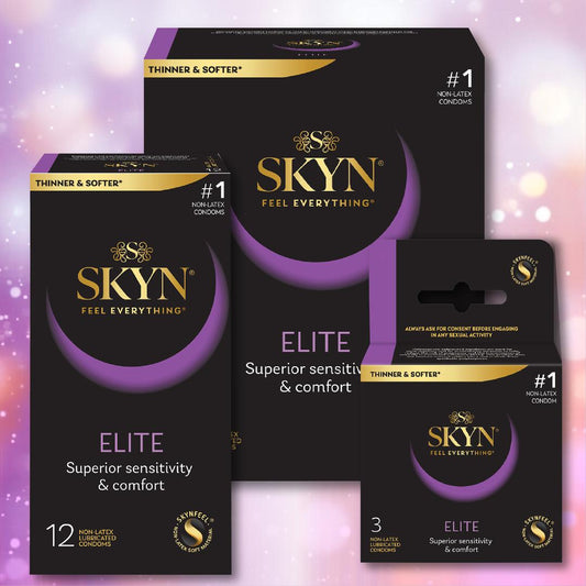Three boxes of LifeStyles SKYN Elite Condoms (Latex-Free), recognized for their ultra-thin design, are shown on a soft pink and purple gradient background. The black packaging features gold and purple accents, highlighting "superior sensitivity & comfort. 1080