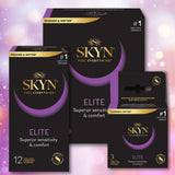 Three boxes of LifeStyles SKYN Elite Condoms (Latex-Free), recognized for their ultra-thin design, are shown on a soft pink and purple gradient background. The black packaging features gold and purple accents, highlighting "superior sensitivity & comfort.