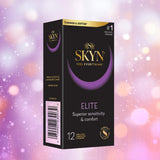 A black box of LifeStyles SKYN Elite Condoms (Latex-Free) is shown with gold and purple accents against a blurred pink, purple, and white lights background, highlighting its promise of superior sensitivity and comfort.