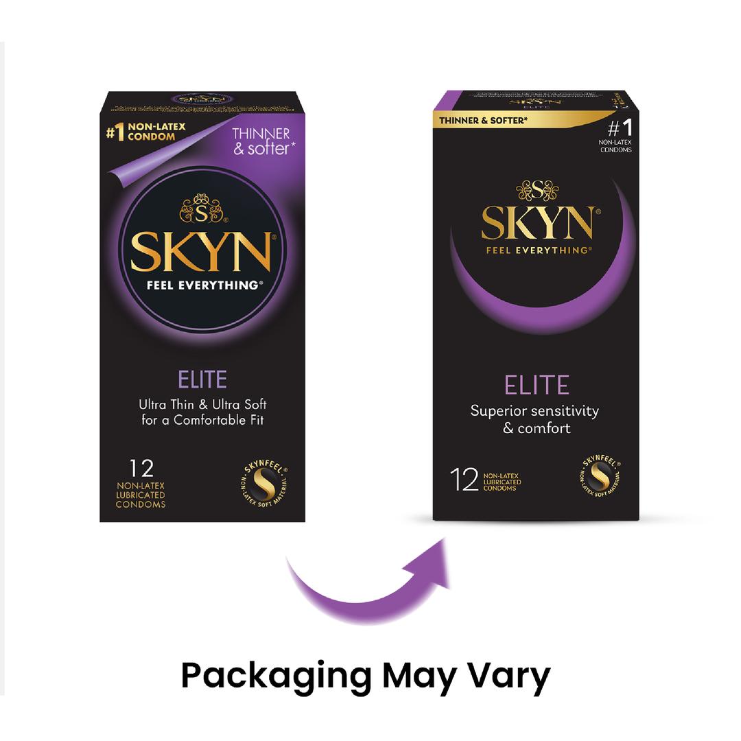 Two boxes of LifeStyles SKYN Elite Condoms (Latex-Free) with different packaging are shown side by side. An arrow points right, with text below: "Packaging May Vary.