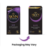 Two boxes of LifeStyles SKYN Elite Condoms (Latex-Free) with different packaging are shown side by side. An arrow points right, with text below: "Packaging May Vary.