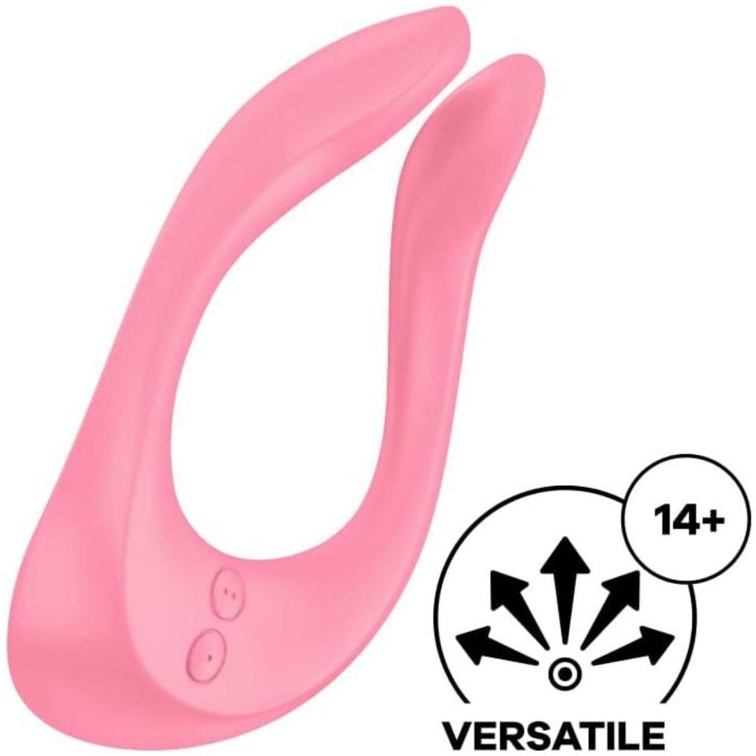 The graphic features the Satisfyer Endless Joy Vibrator for Couples - Pink by Satisfyer, a versatile U-shaped couple’s vibrator with two side buttons and "14+" to show its multifunctional design and multiple uses.