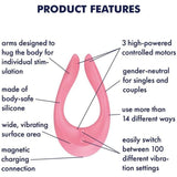The Satisfyer Endless Joy Vibrator for Couples - Pink by Satisfyer features two flexible silicone arms, three motors, magnetic charging, 100+ settings, and offers 14+ ways to play—perfect for couples or solo pleasure.