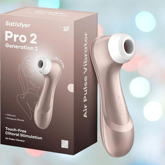 The Satisfyer Pro 2 Next Generation air pulse vibrator by Satisfyer is shown beside its packaging, which highlights features like waterproof silicone, pressure wave technology, and touch-free clitoral stimulation. 1080