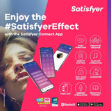 A close-up image of a person outdoors features overlay graphics of two smartphones displaying the interface of the Satisfyer Connect App. Highlighted are its standout features such as chat, remote control, and playlist stimulation, designed for the Satisfyer Smooth Petal Wearable Vibrator in Light Blue or G-spot stimulation. The graphic is complemented by CES Winner and app store logos.