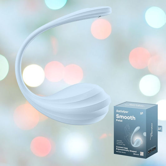 A curved light blue device designed for G-spot stimulation is displayed against a soft-focus background with pastel circles. Below the wearable vibrator, there's a box labeled "Satisfyer Smooth Petal Wearable Vibrator - Light Blue," showcasing the product details. 1080