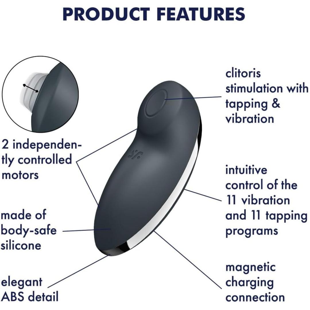 The Satisfyer Tap and Climax 2 Lay-On Vibrator by Satisfyer is a dark silicone personal massager with clitoral tapping and vibration, 2 separately controlled motors, 11 vibration/tapping modes, ABS accents, and convenient magnetic charging.