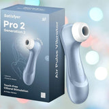 The Satisfyer Pro 2 Next Generation by Satisfyer, a blue waterproof air pulse vibrator offering touch-free clitoral stimulation, is displayed next to its packaging with a softly blurred background.